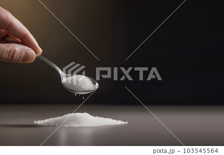 White salt in a spoon on a black background in the hand. AI generated. White salt in a spoon on a black background in the hand. AI generated. 103545564