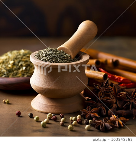 Spices and herbs, mortar and pestle on a blurred brown background. AI generated. 103545565