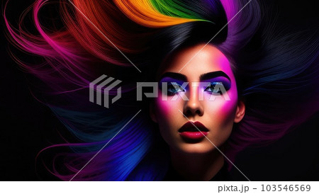 Beauty digital art portrait of color haired young woman with makeup and long hair in neon colors 103546569