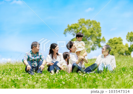 青空の草原に座る家族 103547314