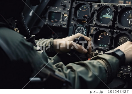 Close-up of the cockpit and aircraft controls, generative AI 103548427