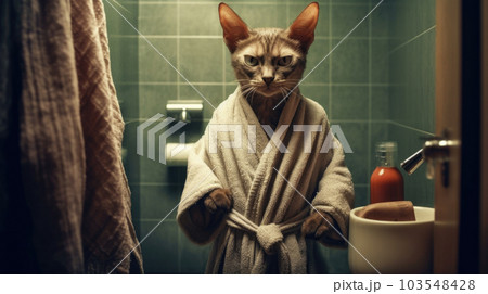 Funny cat in the bathroom, preparing to bathe, hygiene procedures, washing with water. Portrait of a serious cat in a bathrobe. fighting AI generated. 103548428