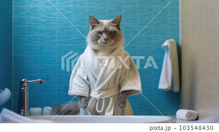 Funny cat in the bathroom, preparing to bathe, hygiene procedures, washing with water. Portrait of a serious cat in a bathrobe. AI generated. 103548430