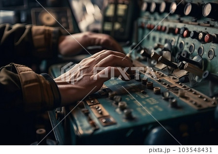 Close-up of the cockpit and aircraft controls, generative AI 103548431
