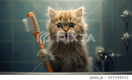 Funny cat in the bathroom, preparing to bathe, hygiene procedures, washing with water. Portrait of an outraged kitten with a toothbrush, brushing teeth. AI generated. 103548432