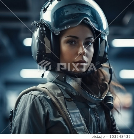 Air force pilot girl in helmet and flight gear, generative AI. 103548433