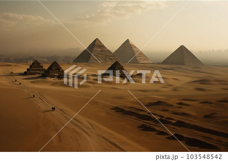 One of the Seven Wonders of the World is the Pyramid of Cheops pyramids in the desert, generative AI. 103548542