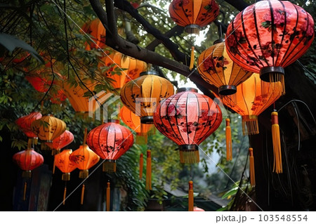 Street lighting in Chinese villages using their traditional lanterns, generative AI. 103548554