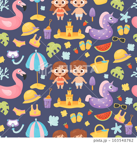 Childish summer seamless pattern. Cute kids beachgoers girl and boy with nautical sea holiday accessories on blue background. Vector illustration in cartoon style. 103548762