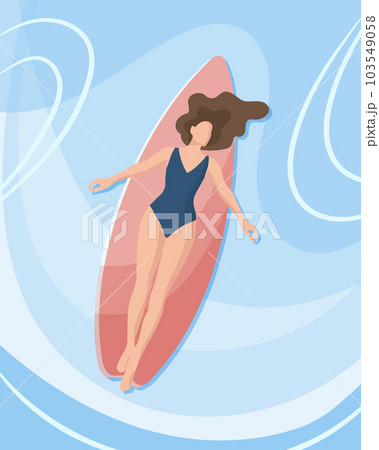 Surfer girl. A woman lies on a surfboard at the sea. The concept of active recreation. Illustration, poster, vector 103549058