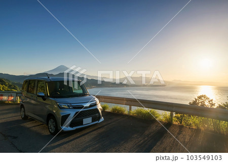 Minivan car at Satta Toge pass with mt. Fuji at sunrise, Shimizu Minivan car at Satta Toge pass with mt. Fuji at sunrise, Shimizu 103549103