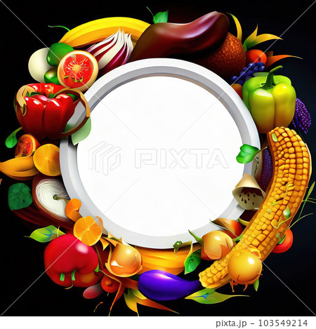 Abstract design of a circular frame with Variety of fruits and vegetables around it, used for banners, flyers, posters, advertisements  103549214