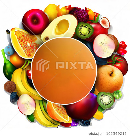 Abstract design of a circular frame with Variety of fruits and vegetables around it, used for banners, flyers, posters, advertisements Abstract design of a circular frame with Variety of fruits and vegetables around it, used for banners, flyers, posters, advertisements 103549215