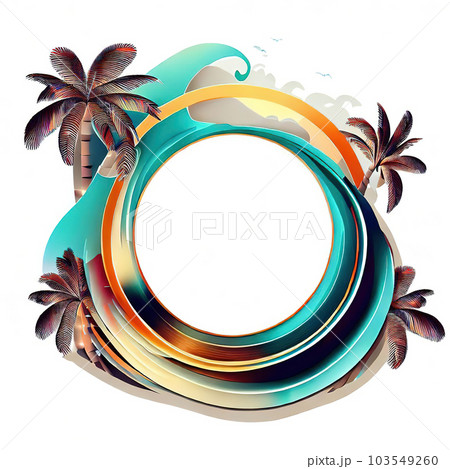 Abstract design of a circular frame with palm trees ,sand and sea waves around it, used for banners, flyers, posters, advertisements  103549260