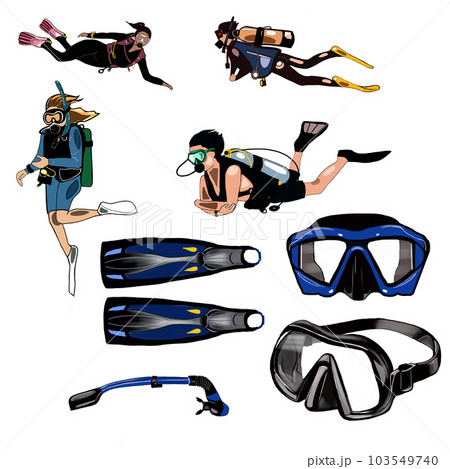 set, scuba diver in fins, isolate on a white background 103549740