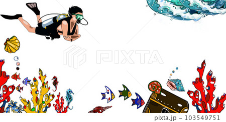 diver at depth among corals and fish diver at depth among corals and fish 103549751