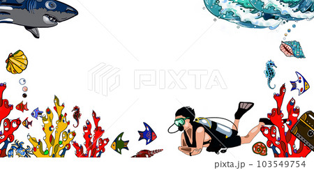 diver at depth among corals and sharks 103549754