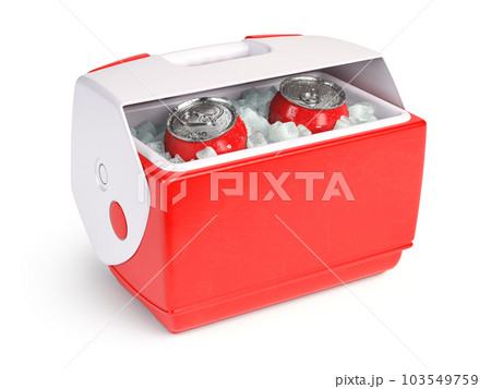 Plastic cool box or small cooler with a beer cans or soda drinks in ice isolated on white. Plastic cool box or small cooler with a beer cans or soda drinks in ice isolated on white. 103549759