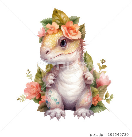 Cute little watercolor dinosaur portrait with watercolor effect. 103549780