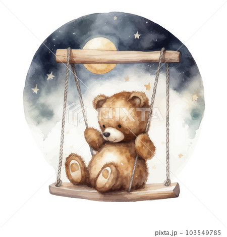 Cute teddy bear swinging on a swing on a star.watercolor hand draw illustration.can be used for kid poster or baby shower Cute teddy bear swinging on a swing on a star.watercolor hand draw illustration.can be used for kid poster or baby shower 103549785
