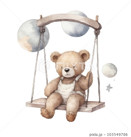 Cute teddy bear swinging on a swing on a star.watercolor hand draw illustration.can be used for kid poster or baby shower Cute teddy bear swinging on a swing on a star.watercolor hand draw illustration.can be used for kid poster or baby shower 103549786