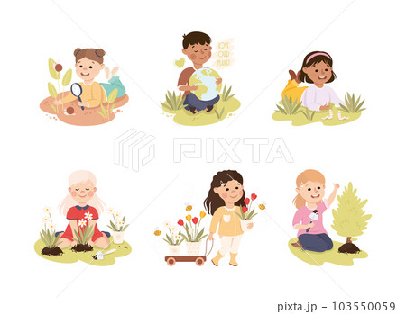 Little Boy and Girl Taking Care of Planet Earth Vector Illustration Set Little Boy and Girl Taking Care of Planet Earth Vector Illustration Set 103550059