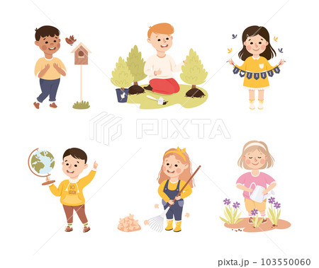 Little Boy and Girl Taking Care of Planet Earth Vector Illustration Set Little Boy and Girl Taking Care of Planet Earth Vector Illustration Set 103550060