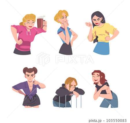 Young Woman with Different Mood and Emotion Vector Set 103550083
