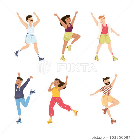 Excited Man and Woman Character Dancing on Roller Skates Vector Illustration Set Excited Man and Woman Character Dancing on Roller Skates Vector Illustration Set 103550094