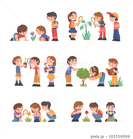 Curious Boy and Girl with Magnifying Glass Studying Plant and Exploring Environment Vector Set 103550099