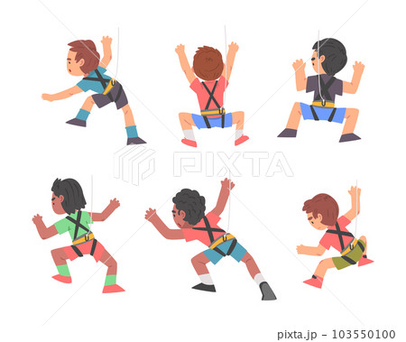 Little Boy Climbing Steep Rock or Wall with Harness Rope Engaged in Bouldering Training Vector Set 103550100