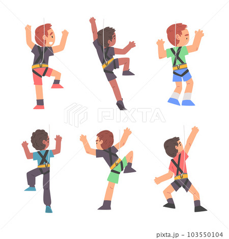 Little Boy Climbing Steep Rock or Wall with Harness Rope Engaged in Bouldering Training Vector Set 103550104