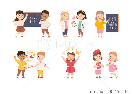 Little Boy and Girl Learning Lesson and School Subject Vector Set 103550116