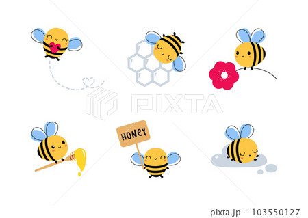 Cute Little Honey Bee with Wings and Black Stripes Flying Vector Set 103550127