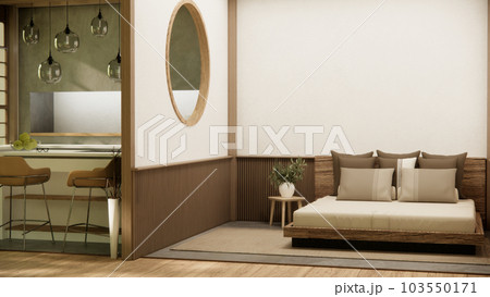 Japan style empty room decorated with wooden bed, white wall and wooden wall. Japan style empty room decorated with wooden bed, white wall and wooden wall. 103550171