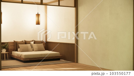 Japan style empty room decorated with wooden bed, white wall and wooden wall. 103550177