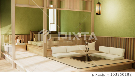 Japan style empty room decorated with wooden bed, white wall and wooden wall. 103550198