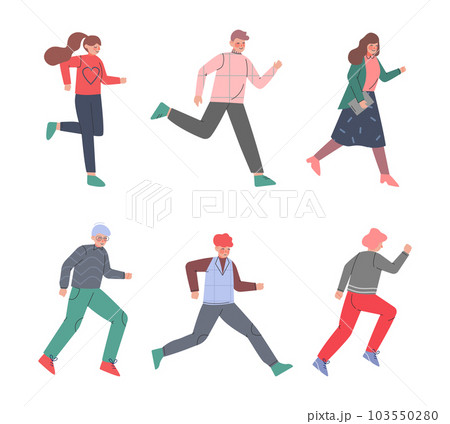 Man and Woman Character Running in a Hurry and Hasten Somewhere Vector Set 103550280