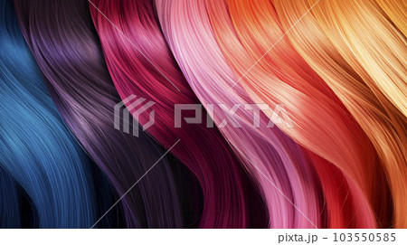 Different pink orange hair wavy strand. Isolated on black background. Shiny haircare style shampoo beautiful smooth colored hair close up photo Different pink orange hair wavy strand. Isolated on black background. Shiny haircare style shampoo beautiful smooth colored hair close up photo 103550585