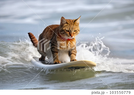 Funny cat rides a surfboard on ocean waves. - Stock