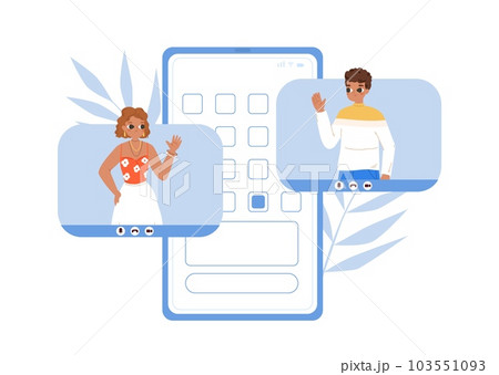 Video meeting, dating or call for family. Teens communicate with smartphone. Modern relationships, friendship or work vector concept Video meeting, dating or call for family. Teens communicate with smartphone. Modern relationships, friendship or work vector concept 103551093