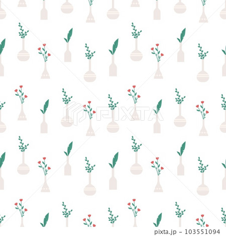 Flowers in vases seamless pattern. Floral elements, bouquets with flower and green branches. Decorative fabric fashion print, vector decor texture Flowers in vases seamless pattern. Floral elements, bouquets with flower and green branches. Decorative fabric fashion print, vector decor texture 103551094