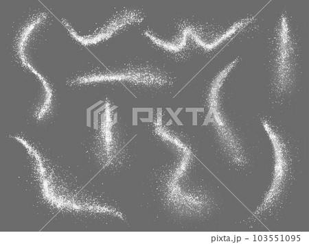 Scatters salt or sugar, white realistic crystals mineral. Sieved flour dust, snow granules. Chalk or baking soda, sprinkled powder pithy vector elements Scatters salt or sugar, white realistic crystals mineral. Sieved flour dust, snow granules. Chalk or baking soda, sprinkled powder pithy vector elements 103551095