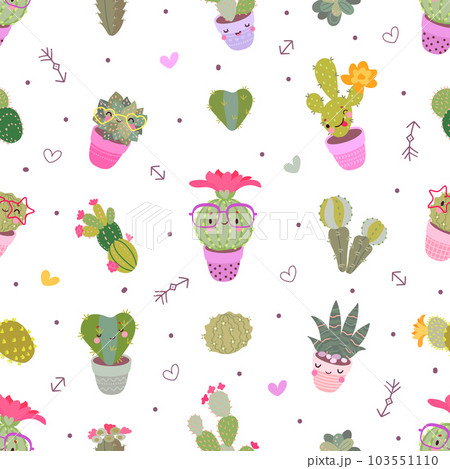 Cactus seamless pattern, blooming cacti floral fabric print. Bohemian background, desert mexican or arizona plants. Nowaday vector template 103551110