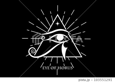 Eye Of Horus Logo design. The ancient Egyptian Moon sign. Mighty Pharaohs amulet, white vector tattoo isolated on black background Eye Of Horus Logo design. The ancient Egyptian Moon sign. Mighty Pharaohs amulet, white vector tattoo isolated on black background 103551291