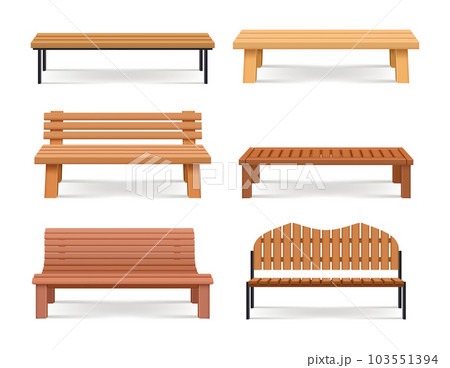 Benches. Urban park relax places with wooden benches decent vector realistic template 103551394