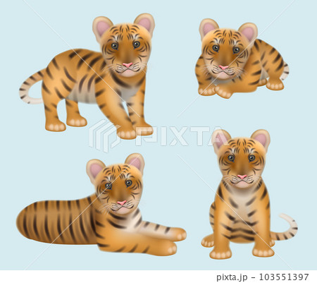 Tiger realistic. Wild aggressive big cat orange dangerous animal decent vector tiger in different poses 103551397