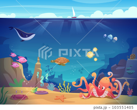 Underwater life. Background with ocean creature with tentacles exact vector cartoon template 103551405