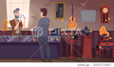 Pawn shop background. Cartoon shop interior room with jewelry items and expensive items exact vector template 103551407