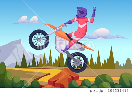 Motorbike rider. Sport cyclist jumping on bike outdoor landscape background 103551412
